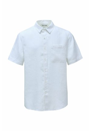 Short-sleeve white linen shirt featuring a button-up front, collar, and a single chest pocket. Smooth texture with a relaxed fit.