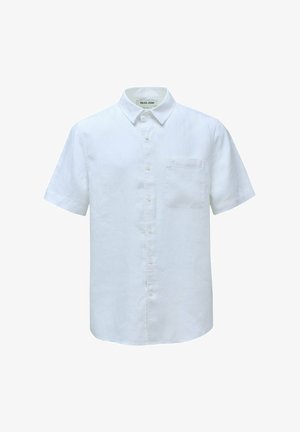 Valkoinen lyhythihainen pellavapaita, jossa on napitus edessä, kaulus ja yksi rintatasku. Sileä kangas ja rento malli.