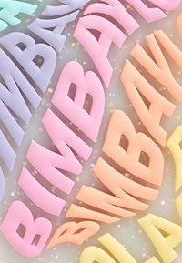 Colorful 3D letters spelling "BIMBA" in pastel pink, lavender, orange, and green against a sparkly background. Soft, smooth texture.