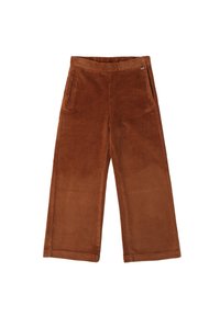 Bruine corduroy hoge taille broek met een gestructureerde afwerking, voorzien van zakken aan de voorkant en een taillebanddetails voor extra stevigheid.