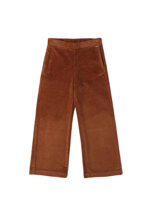 Pantaloni a gamba larga in corduroy marrone con finitura testurizzata, dotati di tasche anteriori e dettagli in vita per una maggiore struttura.