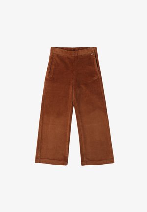 Braune Corduroy-Hosen mit weitem Bein und strukturiertem Finish, ausgestattet mit Fronttaschen und einem detaillierten Bund für zusätzliche Stabilität.