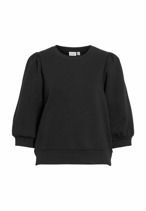 Crna majica s okruglim izrezom, s tri četvrtine nabranih rukava i rebrastim manžetama te rubom.