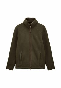 Tmavozelená fleece bunda s plným predným zipsom, vysokým golierom, dlhými rukávmi a dvoma bočnými vreckami so zipsom.