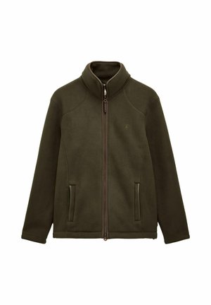 Dunkelgrüne Fleecejacke mit durchgehendem Reißverschluss, hohem Kragen, langen Ärmeln und zwei seitlichen Reißverschlusstaschen.