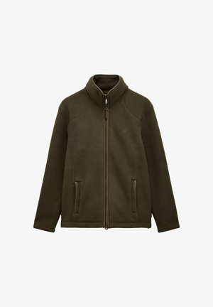 Tmavozelená fleece bunda s plným predným zipsom, vysokým golierom, dlhými rukávmi a dvoma bočnými vreckami so zipsom.