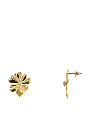 Ohrstecker in goldfarbiger Blumenform, von vorne und seitlich auf weißem Hintergrund gezeigt.