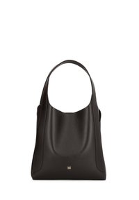 Borsa tote nera in pelle con una superficie liscia, design curvo e un logo discreto nella parte inferiore. Il manico ha una forma arrotondata.