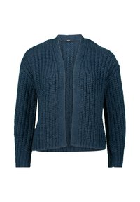 Dunkelblaue, dicke Strickjacke mit offenem Front, langen Ärmeln und gerippter Textur, auf einem weißen Hintergrund präsentiert.