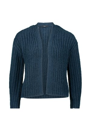 Donkerblauwe chunky gebreide open voorkant cardigan met lange mouwen en een geribbelde textuur, weergegeven op een witte achtergrond.