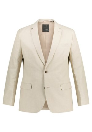 Beige Leinen-Blazer mit Reverskragen, einer Knopfverschluss, zwei Vordertaschen und einem leicht gemusterten Futter.