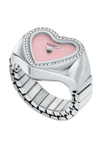 Orologio a forma di cuore in tono argento con un quadrante rosa, circondato da un anello di cristalli trasparenti, e bracciale in acciaio inossidabile a maglie.