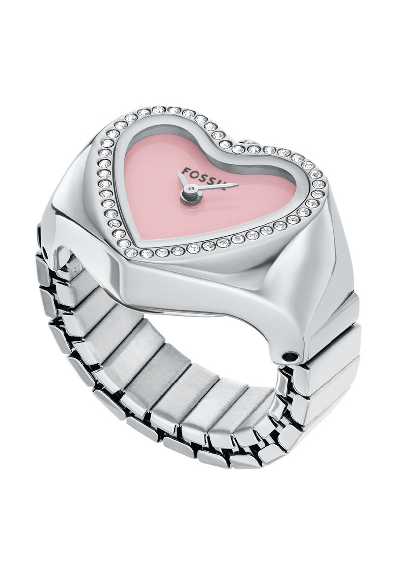 Orologio a forma di cuore in tono argento con un quadrante rosa, circondato da un anello di cristalli trasparenti, e bracciale in acciaio inossidabile a maglie.