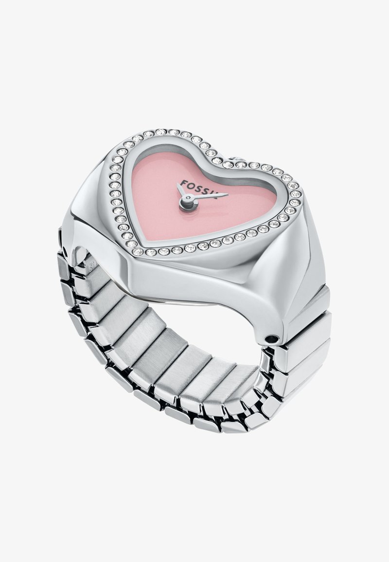 Silberfarbene, herzförmige Uhr mit einem rosafarbenen Zifferblatt, umgeben von einem Ring aus klaren Kristallen, und einem Armband aus Edelstahl-Gliedern.
