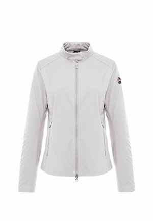 Veste gris clair à fermeture éclair avec col montant, manches longues, deux poches avant zippées et un patch logo rond sur la manche gauche.