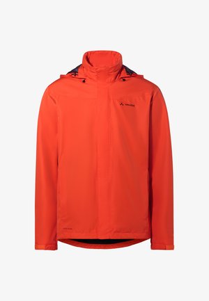 Orange waterproof jacket with a high collar, adjustable hood, and black accents. Features logo on the chest and a curved hem.