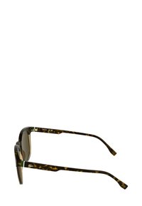 Occhiali da sole tartarugati marroni con montatura rettangolare, dettagli verdi sulle aste e lenti marroni sfumate. Superficie della montatura texturizzata.