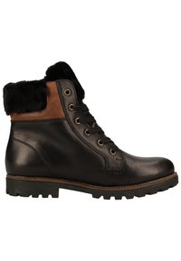 Stivaletto nero in pelle con accenti marroni, colletto in pelliccia sintetica e occhielli in metallo. Presenta una suola texturizzata e robusta per una buona presa.