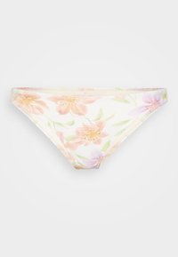 Virágmintás bikini alsó pasztell rózsaszín, narancs és zöld színekben. Ráncos textúrával és elasztikus derékkal rendelkezik. Enyhén bélelt.