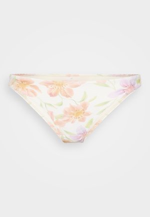 Bikini donji dio s cvjetnim uzorkom u pastelnim ružičastim, narančastim i zelenim bojama. Ima rebrastu teksturu i elastičnu pojasnicu. Lagano podstavljen.