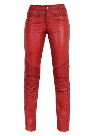 Red leather pants with a slim fit. Features zippered pockets, textured accents, and knee panel detailing. Smooth surface with slight sheen.