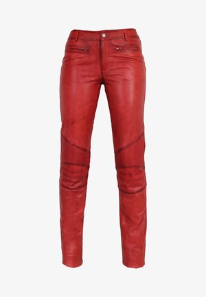 Rode leren broeken met een slim fit. Voorzien van ritszakken, textuuraccenten en kniestukdetails. Gladde oppervlakte met een lichte glans.