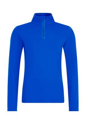 Blauwe langärmede zip-up top van gladde stof. Heeft een hoge kraag en een opvallende rits met een logo. Eenvoudig, aangesloten ontwerp.