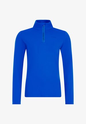 Blue long-sleeved zip-up top made of smooth fabric. Features a mock neck and a prominent zipper with a logo. Simple, fitted design.