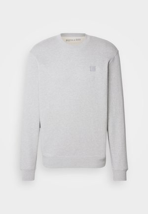 Gray crewneck sweatshirt in cotton blend, featuring a small square logo on the chest, ribbed cuffs, and hem. Soft, textured fabric.
