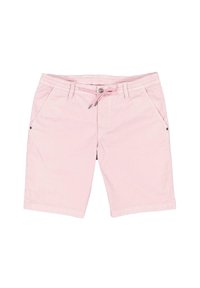 Light pink shorts made of cotton. Features an elastic waistband with drawstring, two side pockets, and metal accents. Smooth texture.
