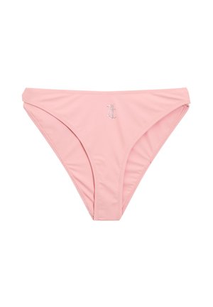 Roze bikinionderkant van zachte stof. Heeft een lage taille en een klein, met rhinestones versierd letterlogo aan de voorkant.