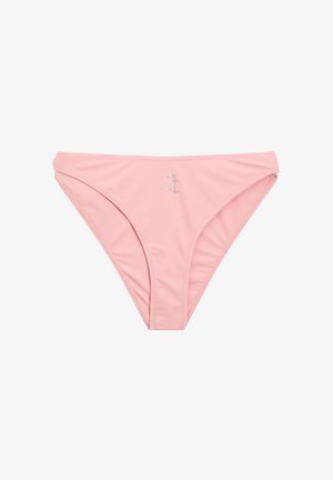 Rosa Bikiniunterteil aus glattem Stoff. Verfügt über einen tiefgeschnittenen Schnitt und ein kleines, mit Strass verzierte Buchstabenlogo auf der Vorderseite.