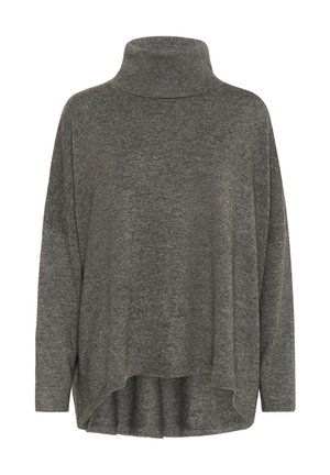 Übergroßer, anthrazitfarbener Rollkragenpullover aus weichem Stoff mit strukturierter Oberfläche. Verfügt über einen hohen Kragen und einen abgerundeten Saum.