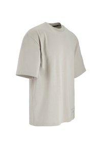 Light gray short-sleeve t-shirt made of cotton with a crew neckline and a relaxed fit. Notable text detail printed on the lower front.