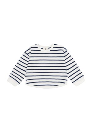 Weißer Pullover mit langen Ärmeln, horizontalen dunkelblauen Streifen und rundem Ausschnitt, auf weißem Hintergrund dargestellt.