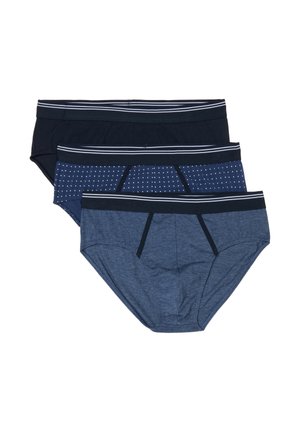 Tres calzoncillos para hombre en azul oscuro sólido, azul marino con lunares blancos, y azul jaspeado, cada uno con cinturillas negras con rayas blancas.