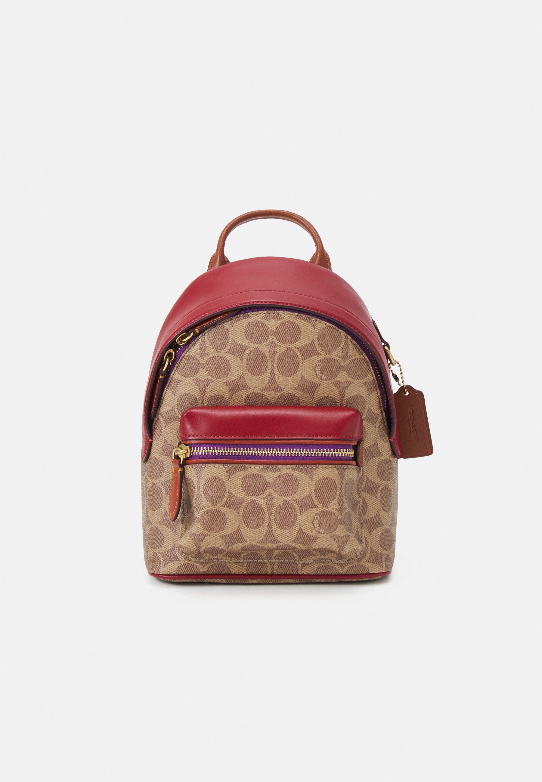 red and brown coach backpack
