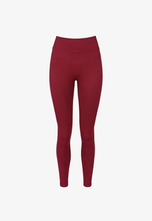 Bordowe legginsy z wysokim stanem wykonane z elastycznego materiału, charakteryzujące się gładką teksturą i dopasowanym krojem zapewniającym optymalny komfort i elastyczność.