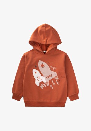 Rudai spalvos kapučino džemperis su dviejų raketų ir žvaigždžių grafika. Pagamintas iš minkštos medžiagos, turi kapučiną ir gumuotus rankogalius.