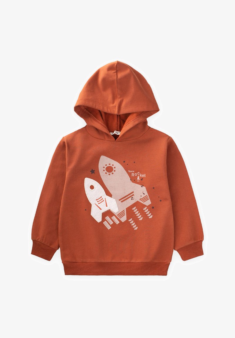 Hoodie colore ruggine con grafica di due razzi e stelle. Realizzato in materiale morbido con cappuccio e polsini a costine.