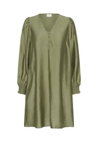 Robe vert olive en tissu lisse, dotée d'un col en V, de trois boutons décoratifs et de manches longues avec poignets plissés.