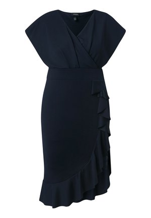 Marineblauwe jurk tot op de knie met korte mouwen, overslagtop met V-hals, getailleerde taille en asymmetrische gerafelde zoom aan de rechterkant.