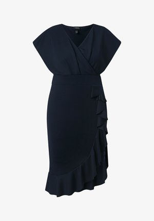 Marineblauwe jurk tot op de knie met korte mouwen, overslagtop met V-hals, getailleerde taille en asymmetrische gerafelde zoom aan de rechterkant.