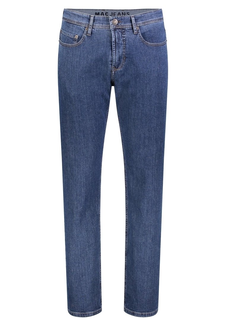 Mörkblå jeans i denim med rak skärning, midjemått i mellanläge, fem fickor och kontrasterande sömmar längs sömmarna.