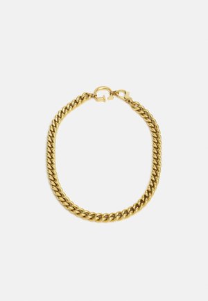 Gold-tone thick chain bracelet with interlocking links and a lobster clasp closure on a white background.