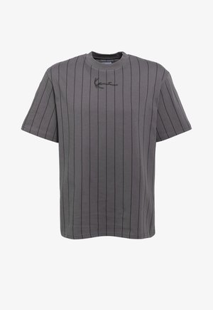 Gray short-sleeve t-shirt with vertical black stripes and a crew neckline; features embroidered detailing on the chest.