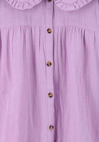 Lavender fabric dress featuring a ruffled collar, vertical pleats, and six round, beige buttons down the front. Soft texture.