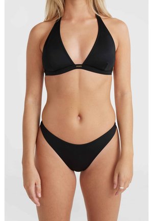 Black bikini set featuring a triangular top with halter neck ties and a classic bottom. The fabric is smooth with minimal stitching.