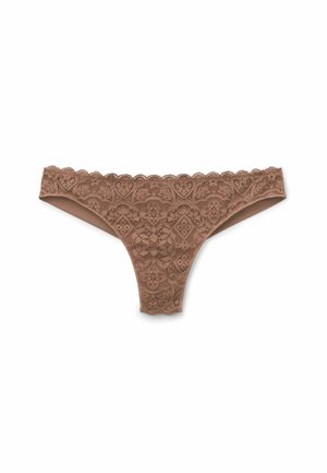 Kantentong in warm bruin, met ingewikkelde bloemmotieven, golvende randen en een soepele binnenvoering. Lichtgewicht en delicaat ontwerp.