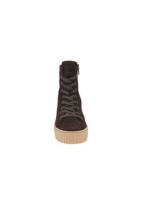 Dark brown suede high-top sneaker with gray laces, circular toe, rubber platform sole, and side zipper detail.